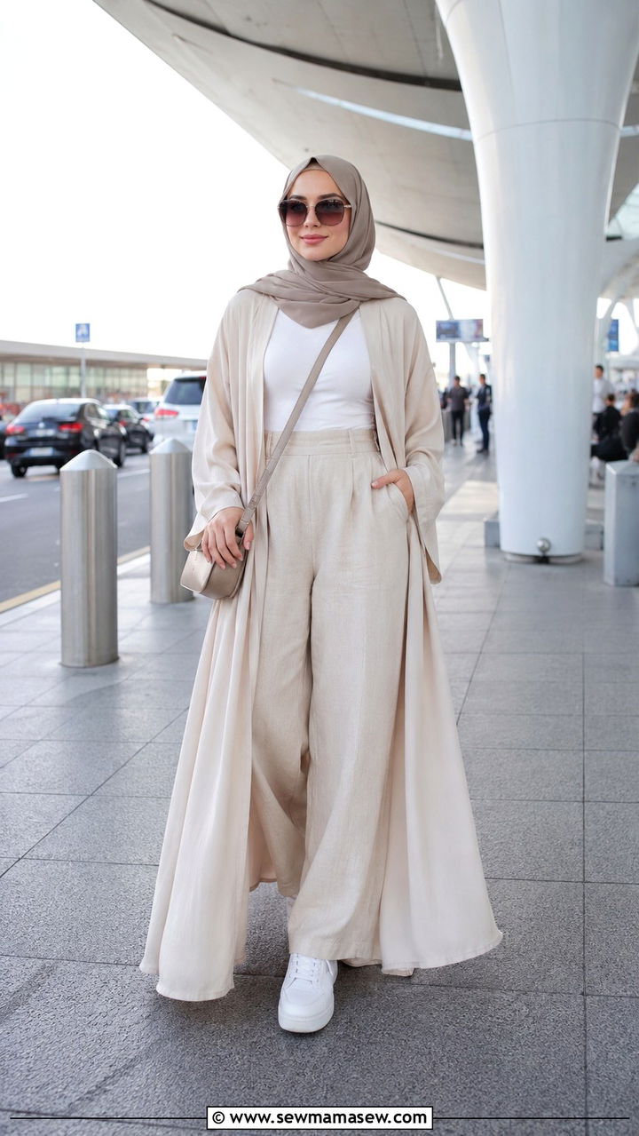 Open abaya with wide leg pants modest vacation outfit - 30 Modest outfit ideas for vacation