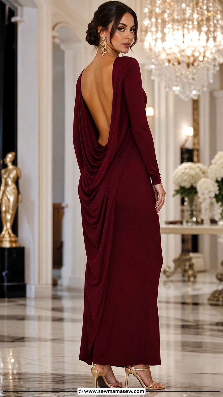 Open back draped maxi dress with chandelier earrings - 25 Outfit ideas to flatter back