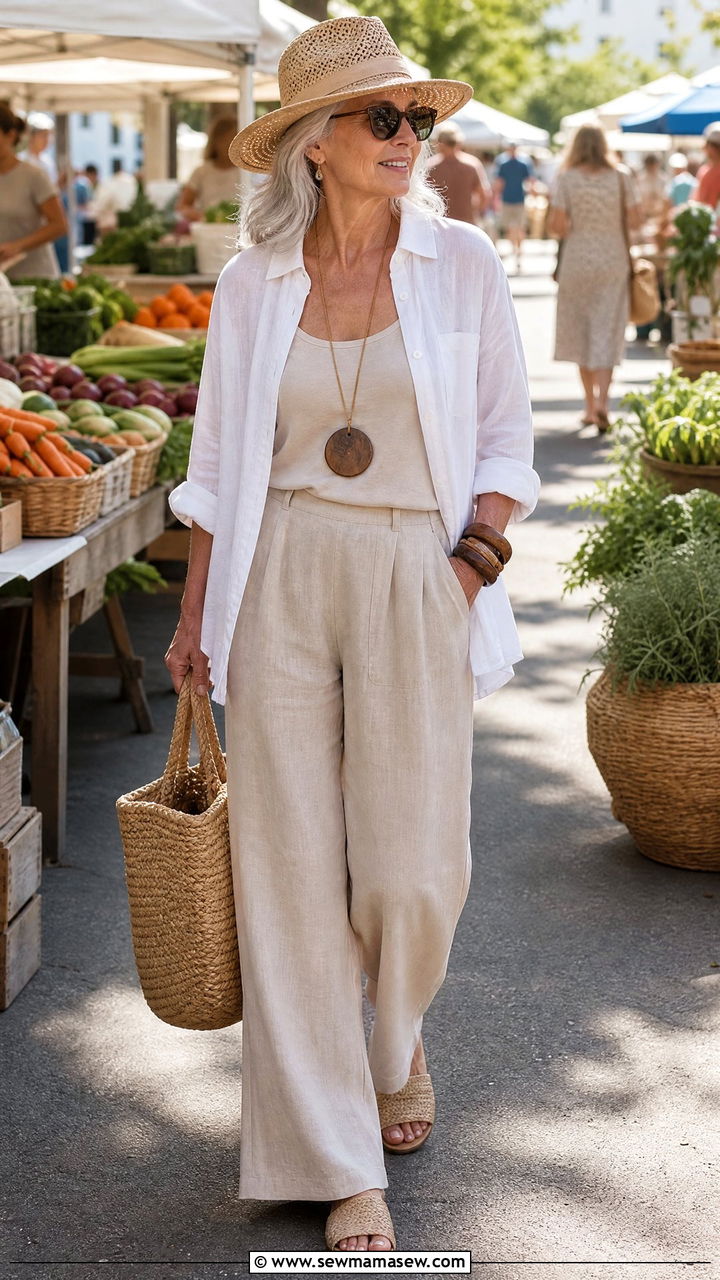Open button down layered over tank and trousers outfit - 30 Coastal grandmother outfits for women over 60