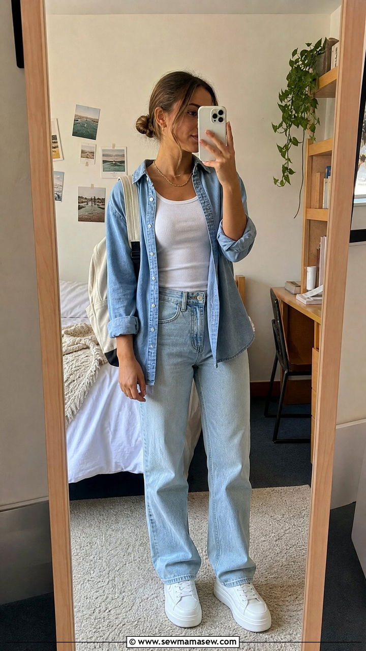 Open button up shirt with tank and jeans - 30 College study session outfit ideas