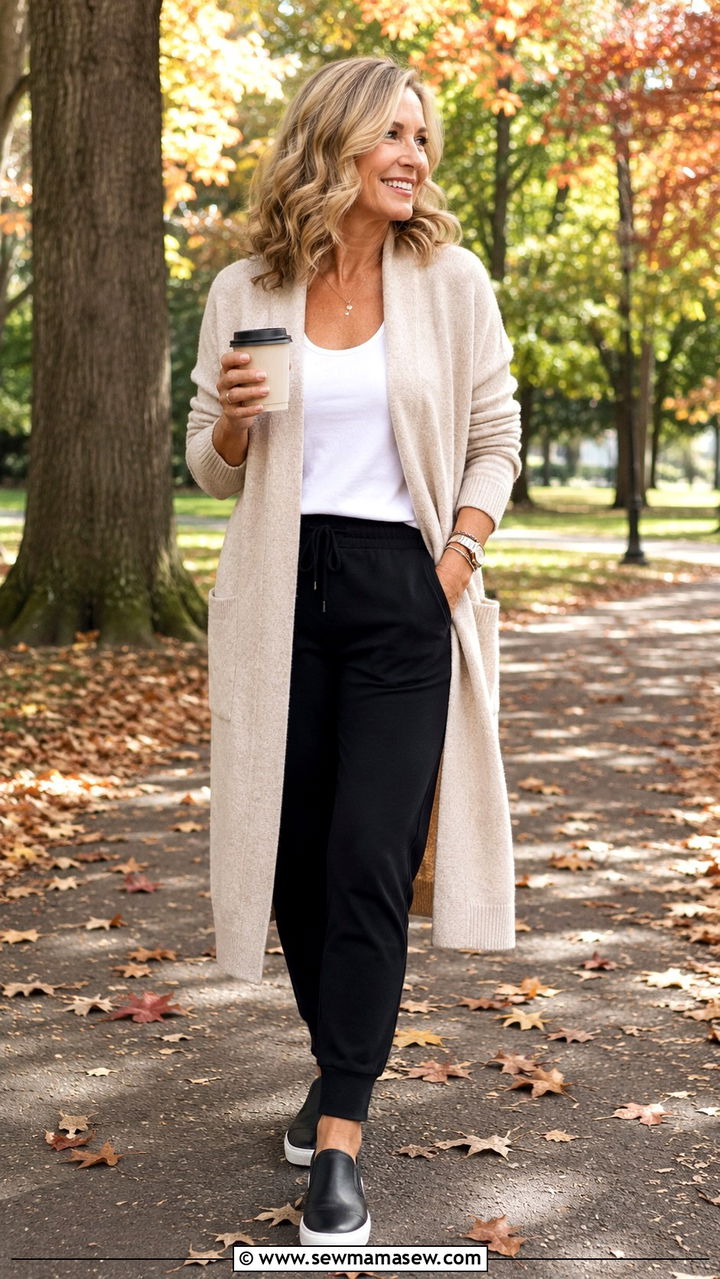 Open cardigan layered over a tank top and pull on pants - 20 Menopause outfit ideas