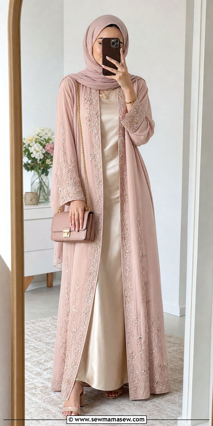 Open embroidered abaya with slip dress - 25 Eid al Adha outfit ideas 2026
