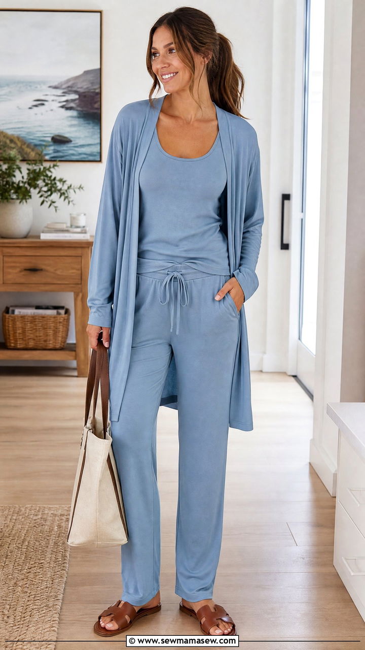 Open front cardigan lounge set with straight leg pants - 25 Loungewear 3 piece set outfit ideas