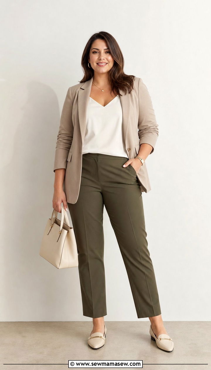 Open front structured blazer with straight leg pants - 25 Spring outfits for apple shape