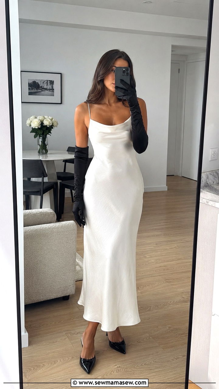 Opera gloves with minimalist slip dress and kitten heels - 25 Opera aesthetic outfit ideas 2026