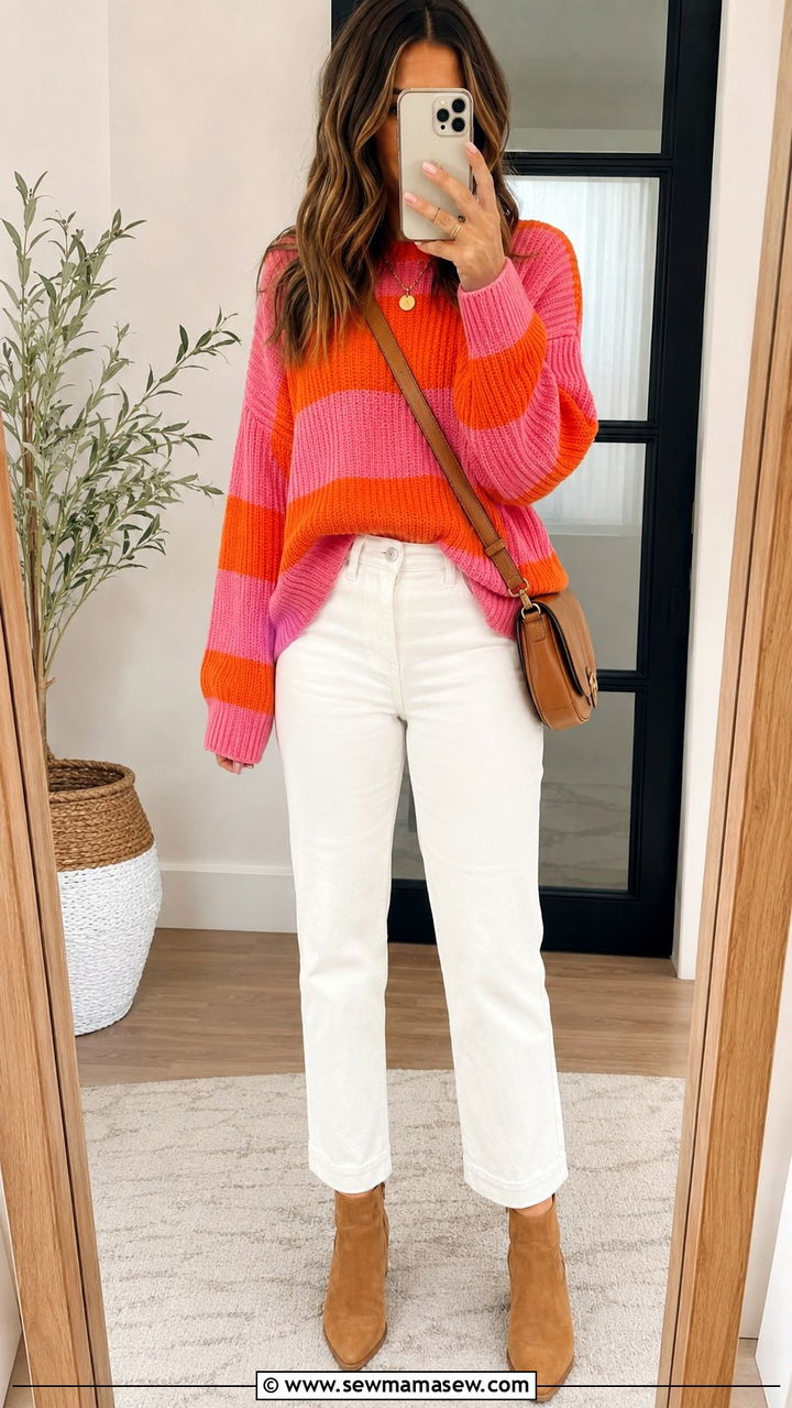 Orange And Pink Striped Knit Sweater With White Jeans - 25 Orange and pink outfit ideas