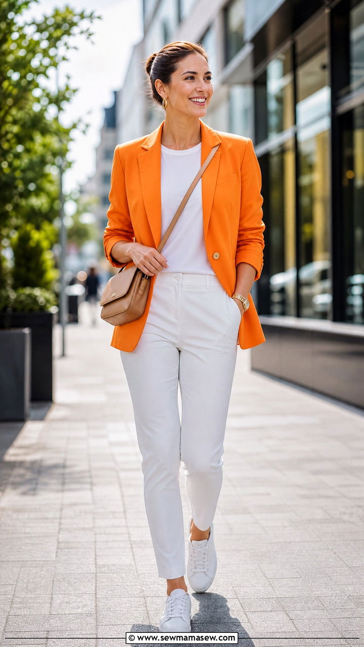 Orange Blazer and White Sneakers Flight Attendant Outfit - 30 Flight attendant style outfits