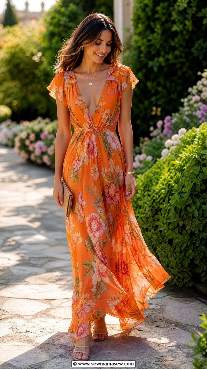 Orange Floral Print Maxi Dress with Neutral Accessories - 30 Summer orange outfit ideas