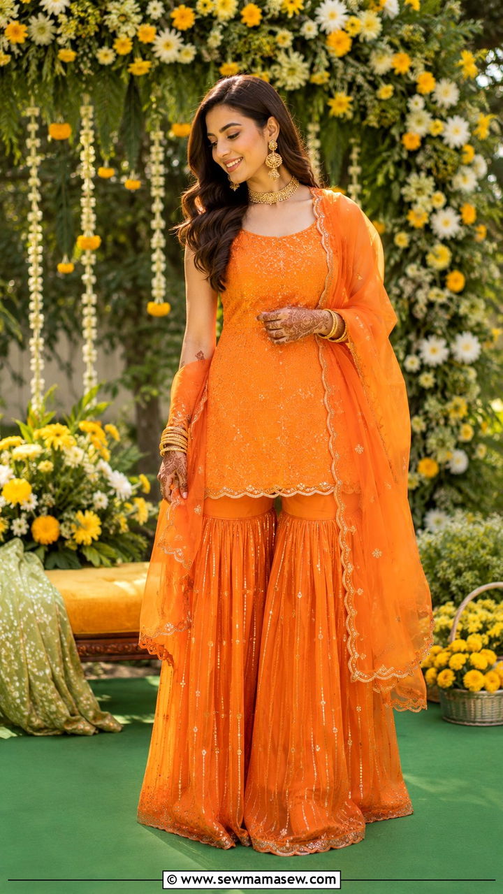 Orange Gharara With Short Kurta And Net Dupatta - 30 Mehndi outfit ideas