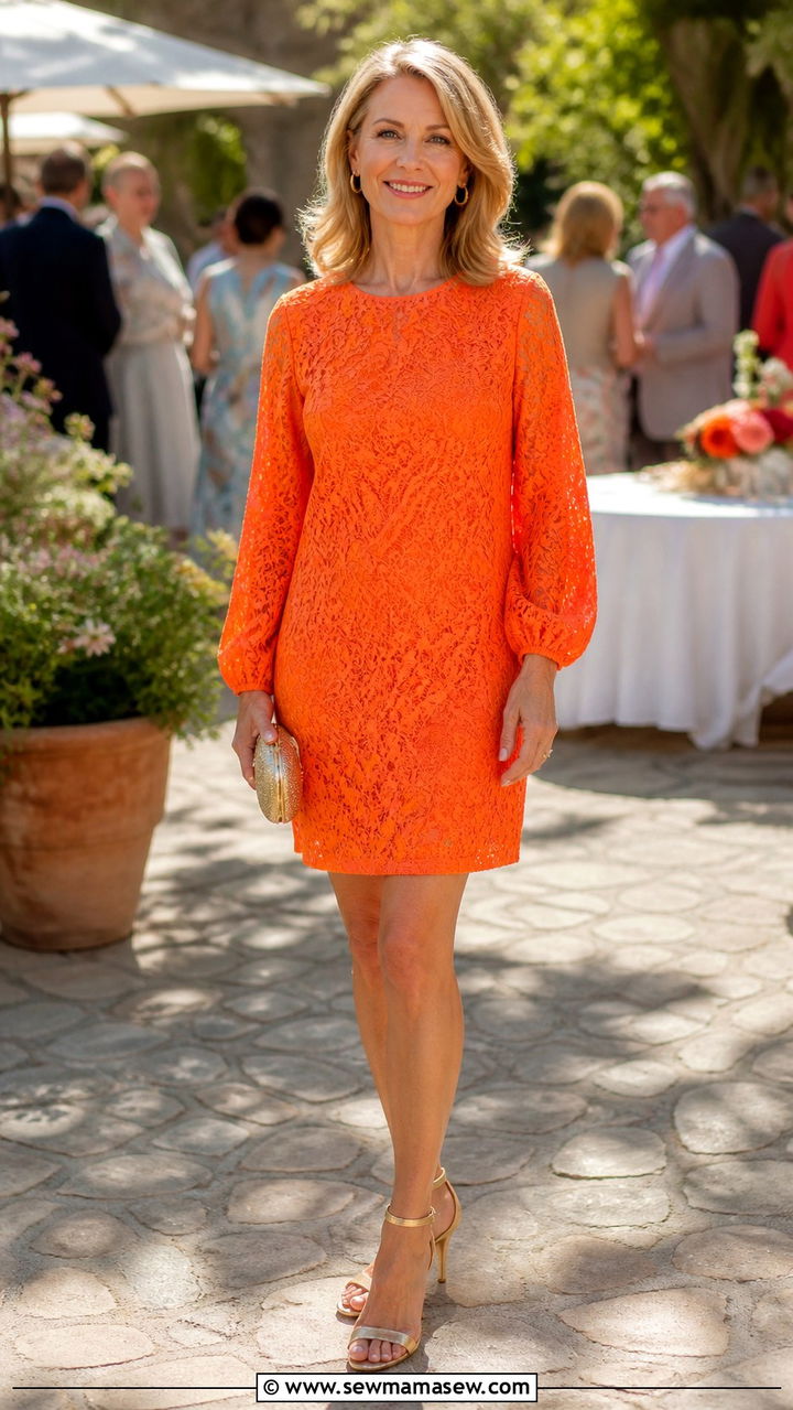 Orange Lace Shift Dress With Gold Sandals and Clutch - 40 Spring outfit ideas for women over 50 2026