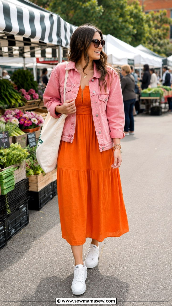 Orange Midi Dress With Pink Denim Jacket - 25 Orange and pink outfit ideas