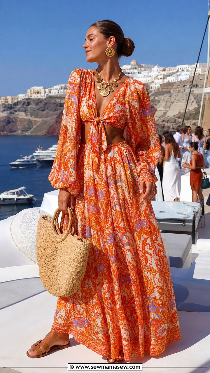 Orange Printed Two Piece Set with Straw Bag - 40 Santorini outfit ideas
