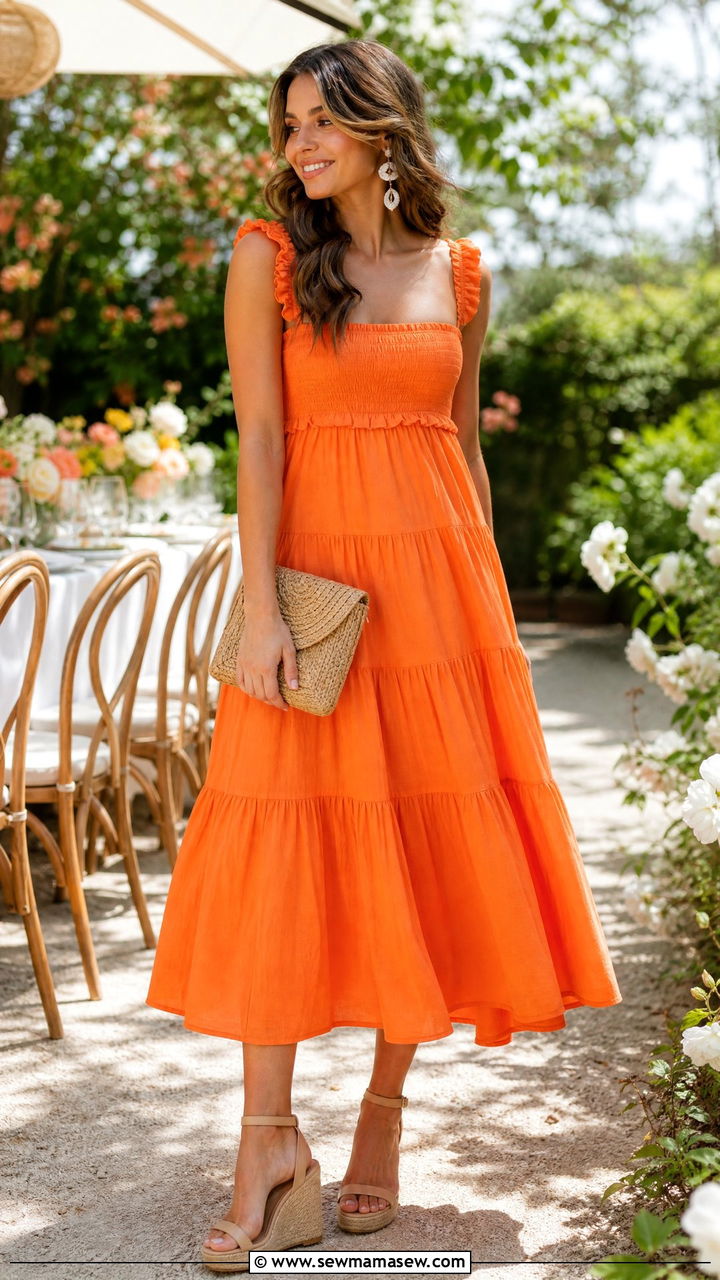 Orange Tiered Midi Dress with Wedge Sandals - 30 Summer orange outfit ideas