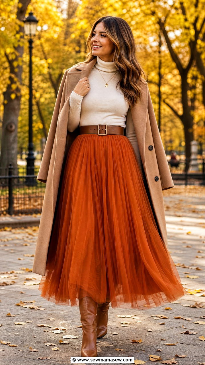 Orange Tulle Maxi Skirt with Cream Turtleneck - 25 How to style a tulle skirt