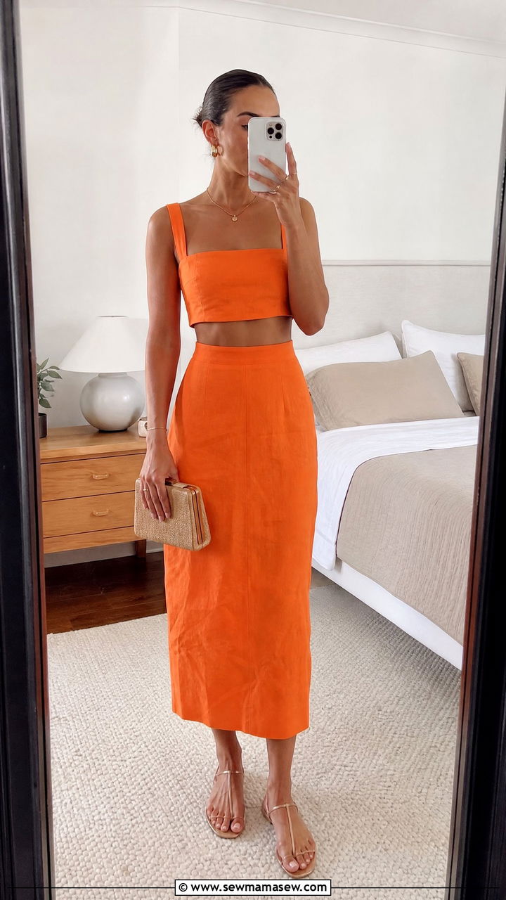 Orange Two Piece Co Ord Set with Minimal Accessories - 30 Summer orange outfit ideas