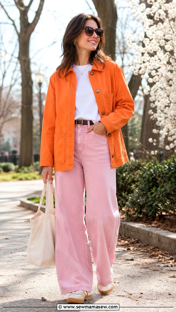 Orange Utility Jacket With Pink Wide Leg Jeans - 25 Orange and pink outfit ideas