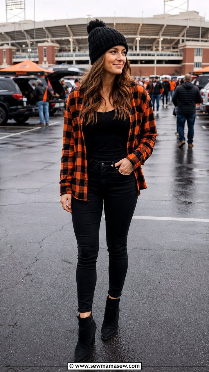 Orange and black plaid shirt with jeans gameday - 20 Gameday outfit ideas Oklahoma