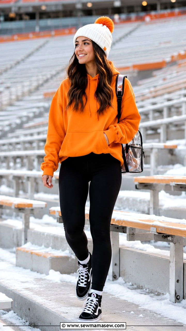 Orange hoodie with black leggings and high top sneakers - 20 Gameday outfit ideas Tennessee