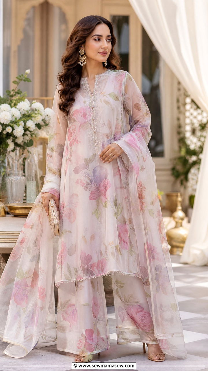 Organza Printed Kurta And Palazzo Set - 30 Coord set outfit ideas for festival