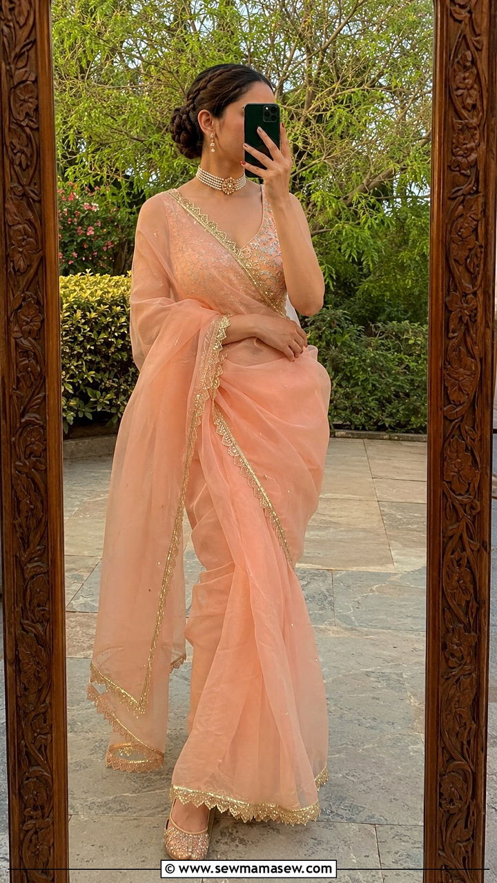 Organza Saree with Gota Patti Border in Peach - 25 Wedding guest outfit ideas Mehndi ceremony