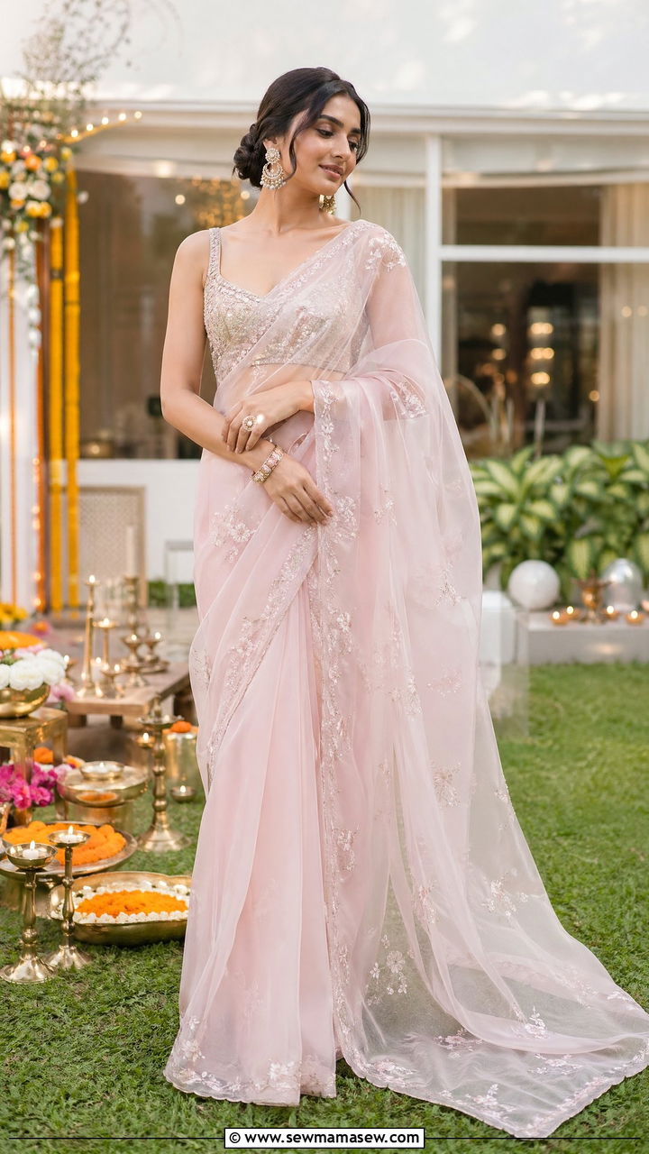Organza saree with embellished sleeveless blouse - 35 Diwali party outfit ideas