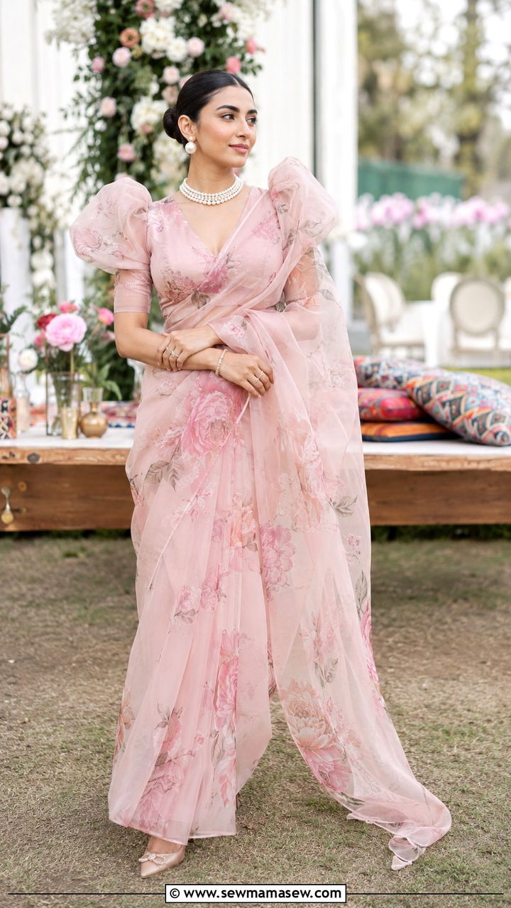 Organza saree with statement blouse - 30 Navratri outfit ideas