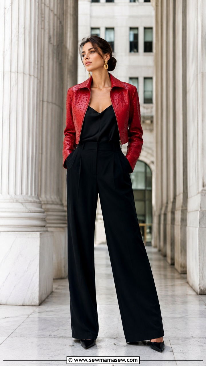 Ostrich Effect Leather Jacket and Black Wide Leg Pants Outfit - 25 2026 fashion must haves