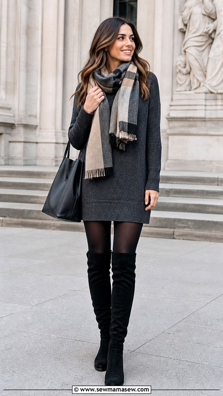 Over the Knee Boots with Knit Tunic and Opaque Tights - 40 Over the knee boots outfit ideas