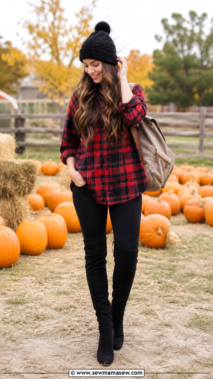 Over the Knee Boots with Plaid Shirt and Black Leggings - 40 Over the knee boots outfit ideas