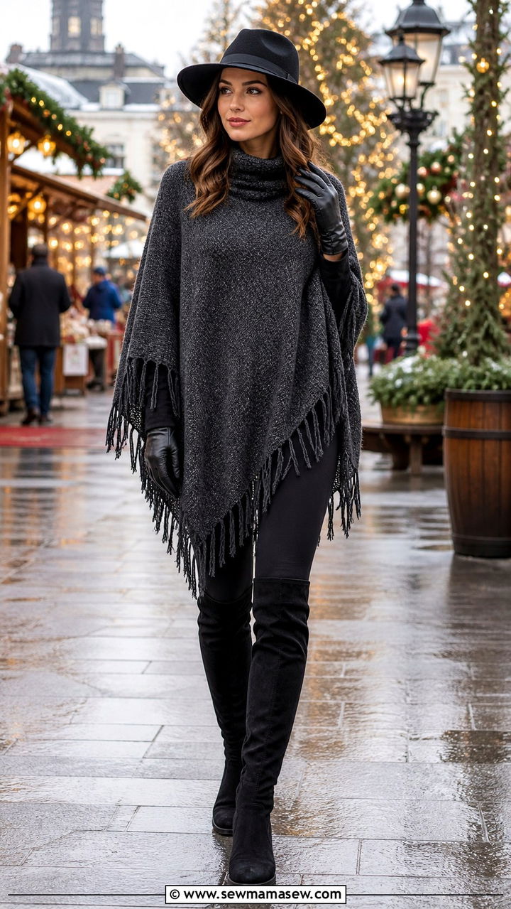 Over the Knee Boots with Poncho and Leggings - 40 Over the knee boots outfit ideas