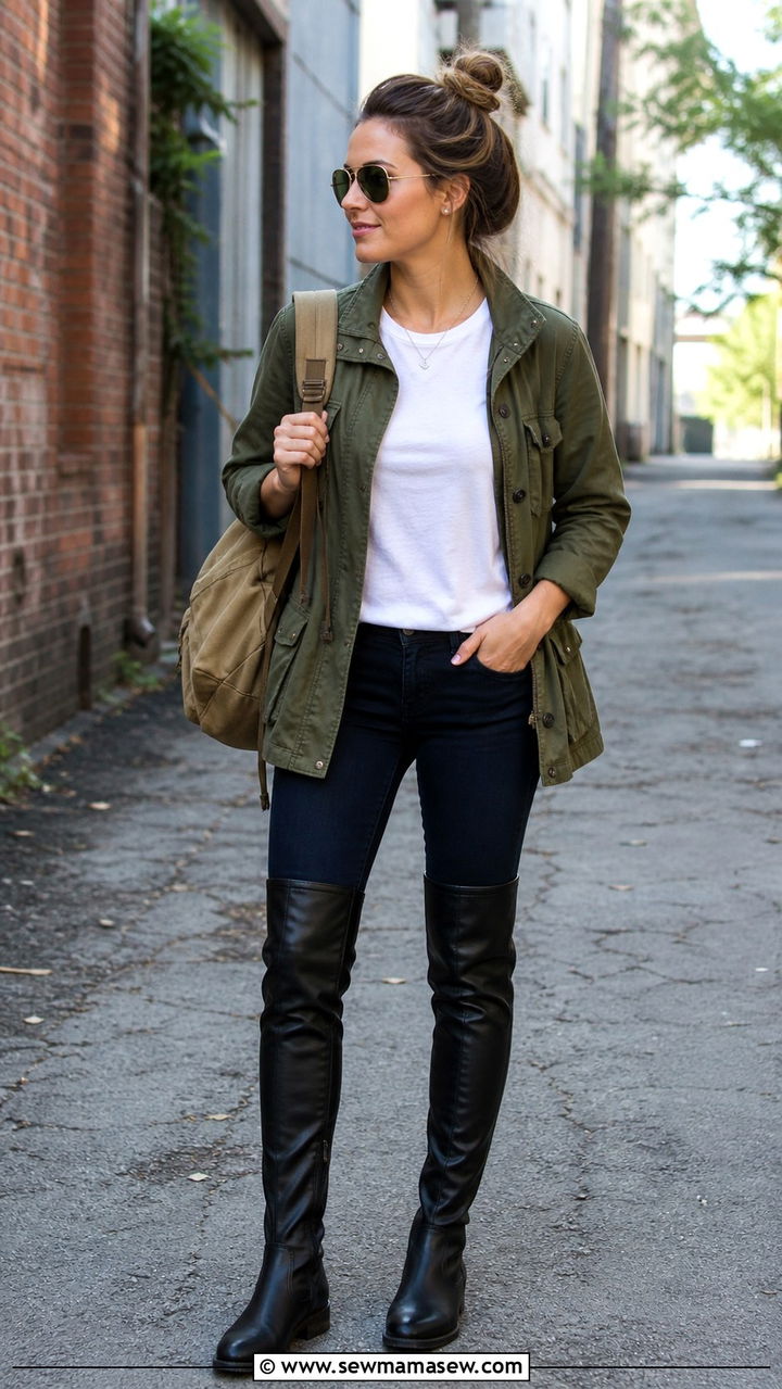 Over the Knee Boots with Utility Jacket and White Tee - 40 Over the knee boots outfit ideas