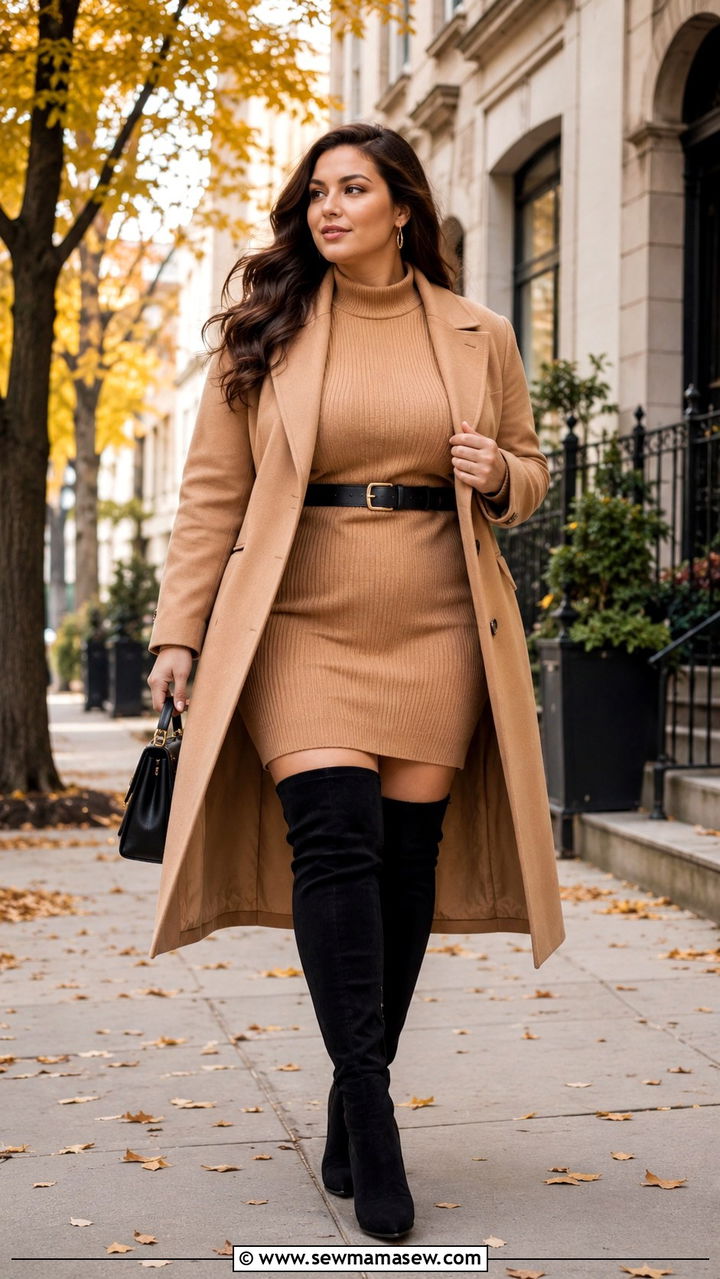 Over the knee boots with sweater dress - 25 Outfit ideas for wide calves
