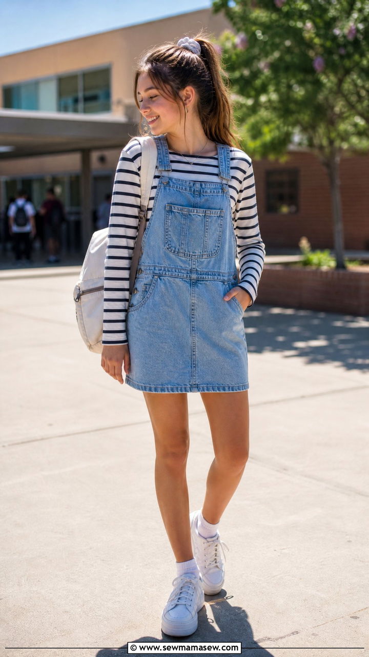 Overall Dress with Striped Tee Outfit - 25 School outfit ideas for teens spring 2026