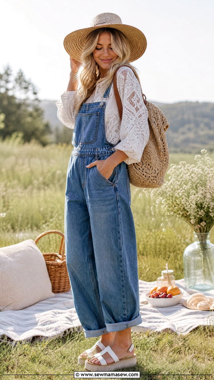 Overalls And Lace Blouse With Wide Brim Hat - 25 Boho outfit ideas with wide brim hat