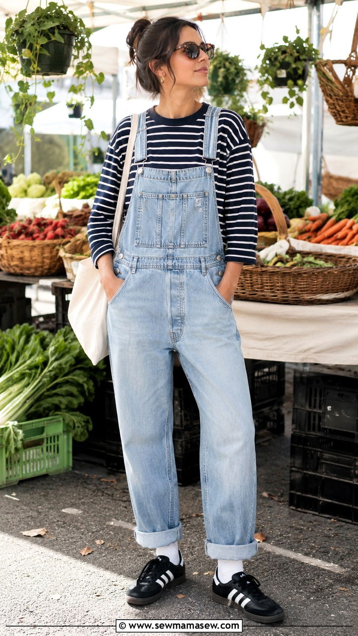 Overalls And Striped Tee With Adidas Samba - 20 How to style Adidas Samba
