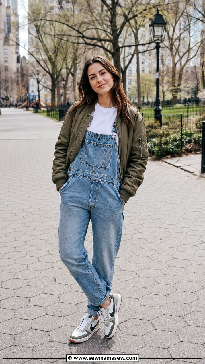 Overalls With Bomber Jacket and Sneakers - 30 How to style overalls