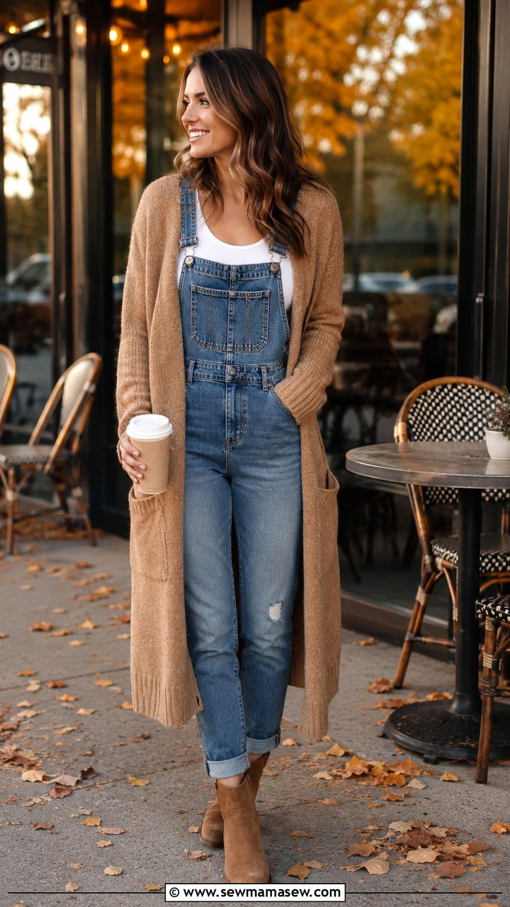Overalls With Long Cardigan and Ankle Boots - 30 How to style overalls