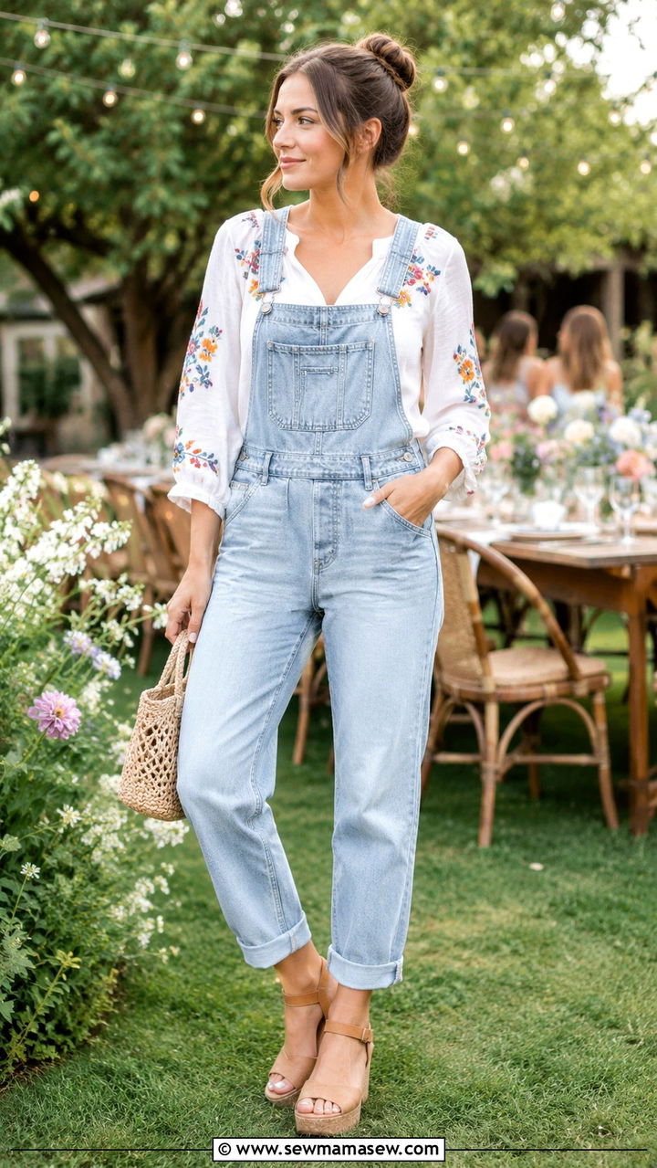 Overalls With Peasant Blouse and Wedge Sandals - 30 How to style overalls
