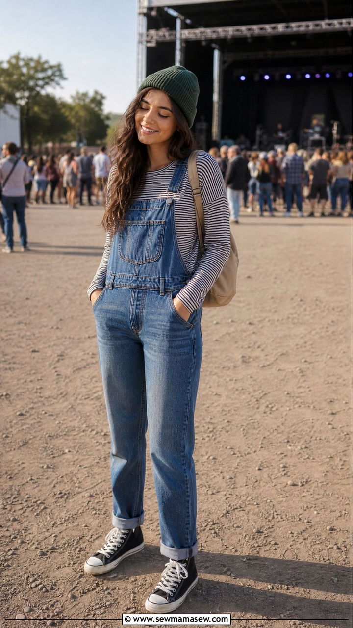 Overalls With Striped Long Sleeve Tee - 30 modest concert outfit ideas