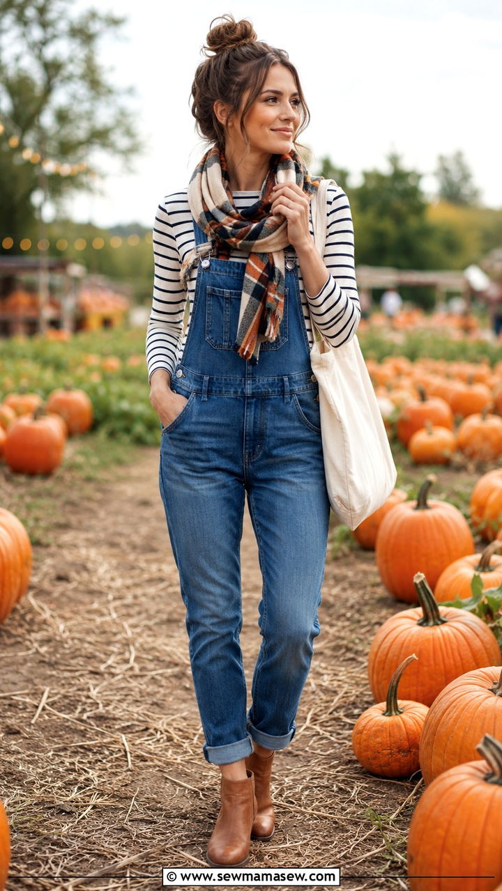 Overalls With Striped Long Sleeve Top Outfit - 20 summer to fall outfits Pinterest