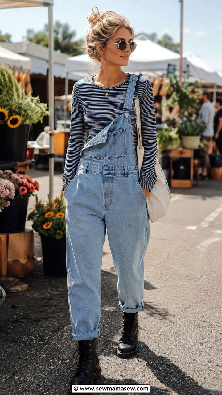 Overalls With Striped Tee and Combat Boots - 25 90s outfits aesthetic