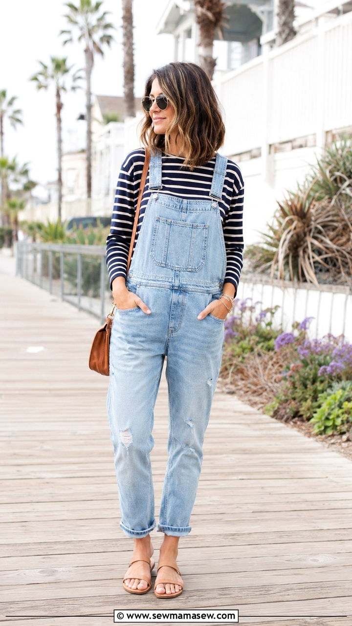 Overalls With Striped Top and Sandals - 30 How to style overalls