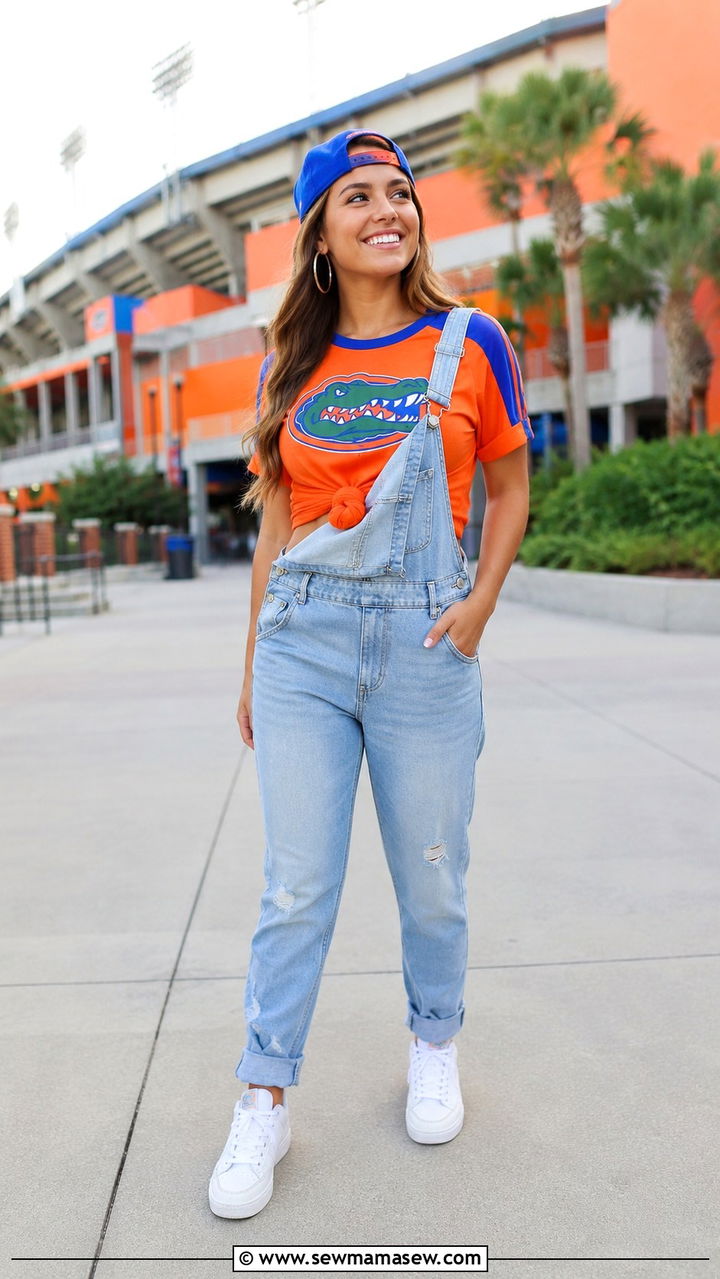 Overalls and Gators t shirt outfit - 20 Gameday outfit ideas Florida