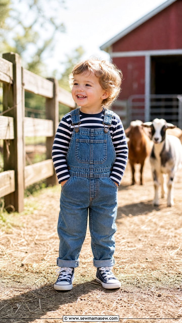 Overalls and Striped T Shirt - 30 Summer outfits for kids