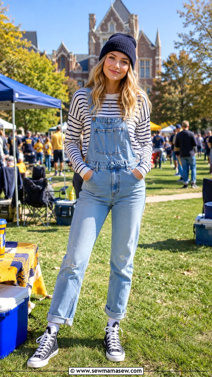 Overalls and Striped Tee Outfit - 30 Tailgate outfit ideas for college