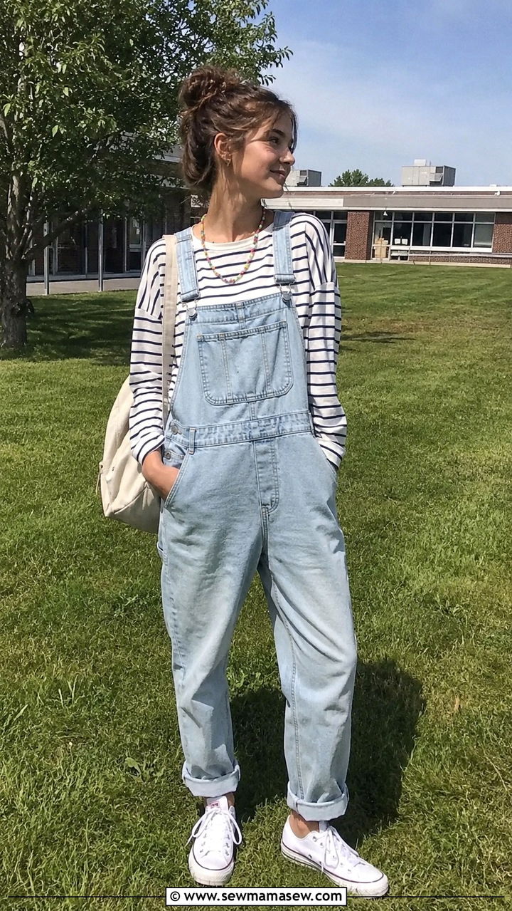 Overalls and striped long sleeve tee outfit - 30 Last day of school outfit ideas