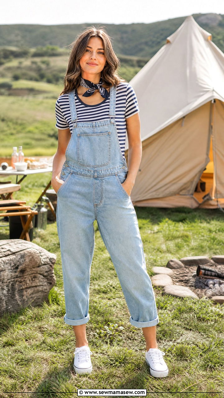 Overalls and striped tee camping outfit - 25 Camping trip outfit ideas