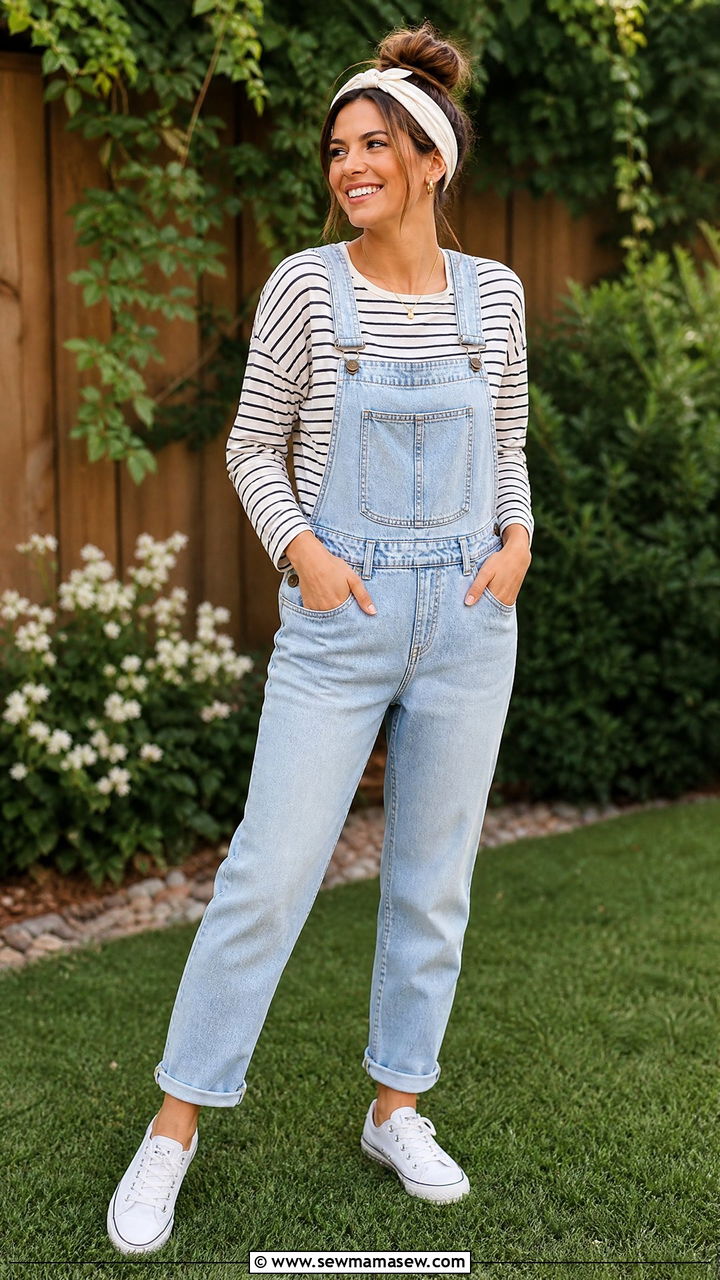 Overalls with Striped Top and Sneakers - 30 family photo outfits for women