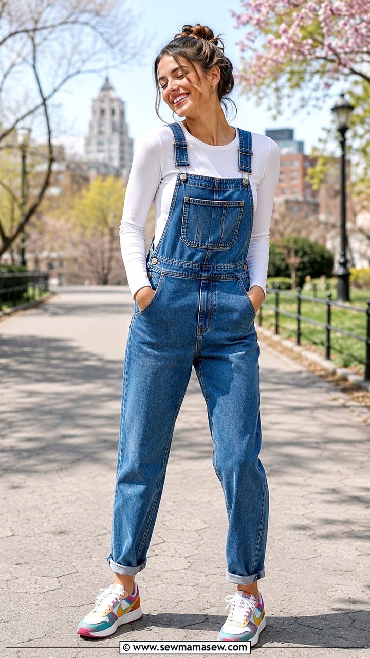 Overalls with a long sleeve tee and sneakers - 30 transitional sneaker outfit ideas