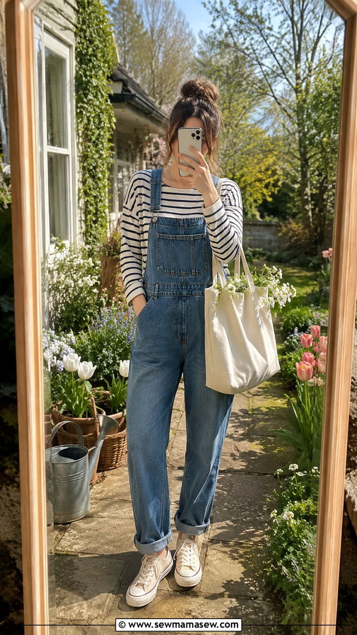 Overalls with a striped knit tee - 30 Spring cottage outfits